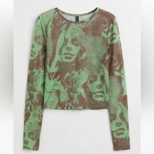 H&M Green and Brown Graphic Long Sleeve Sheer Top